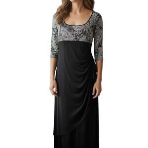 Alex Evenings Black Silver Empire Waist Ruched Gown Size 14
